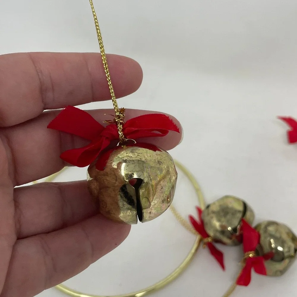 Vintage Gold Jingle Bell Christmas Ornaments Red Bow Set 7 Rustic Holiday Decor